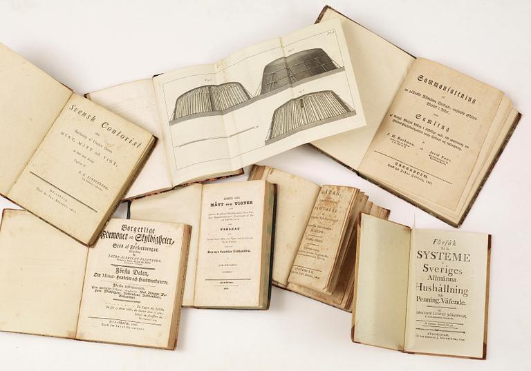 BOKPARTI, 11 vol, mest om ekonomi och hushållning, bla "Berättelse om Kolnings-försök åren 1811...." av CD af Uhr, Stockholm 1814.