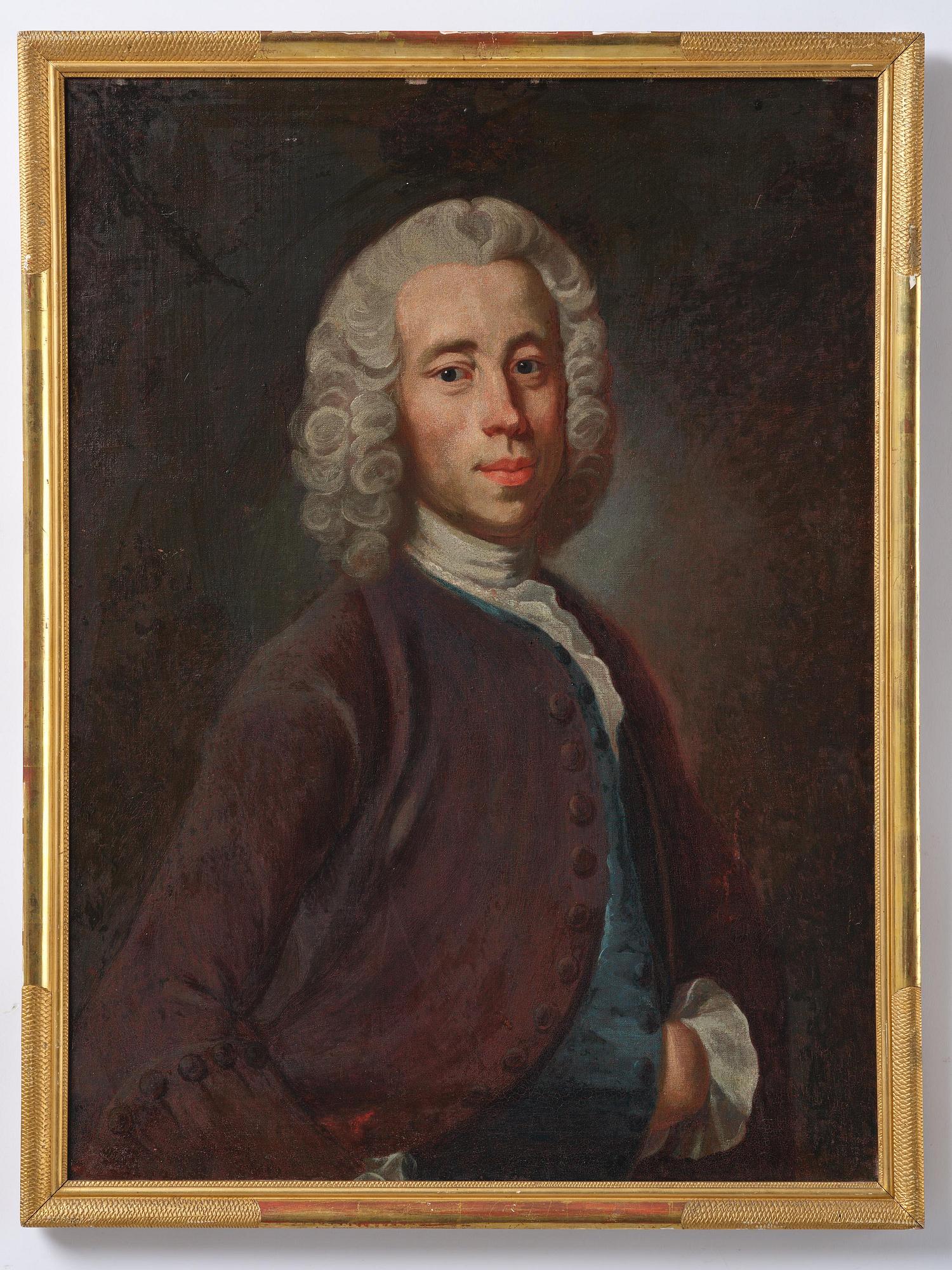 Olof Arenius, attributed to, Man in a brown coat and blue waistcoat, waist-up portrait.