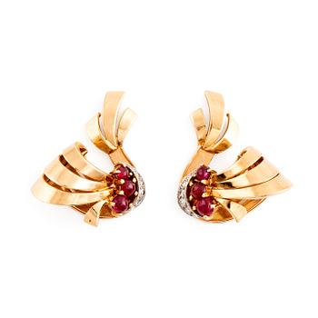 576. A pair of 18K gold WA Bolin earrings set with cabochon-cut rubies and eight-cut diamonds.