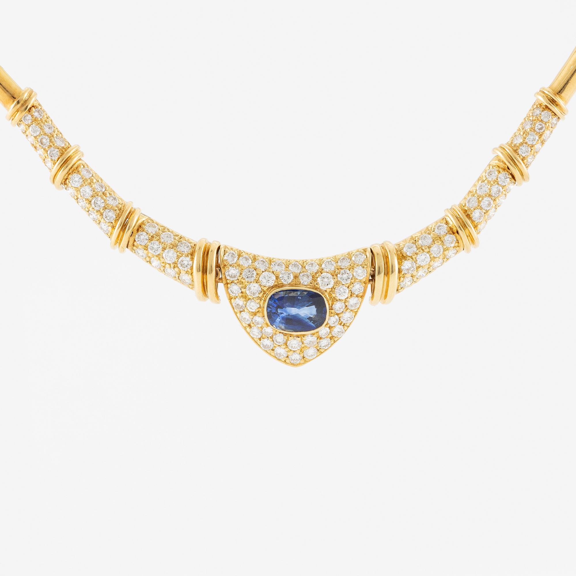 Collier 18K guld med safir och briljantslipade diamanter.