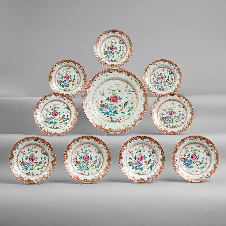 A part famille rose double peacock dinner service, Qing dynasty, Qianlong (1736-95) (10 pieces).