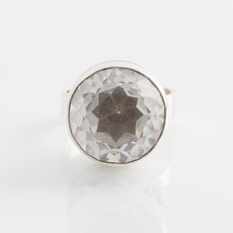 Alton, bracelet and ring, silver and faceted rock crystal.