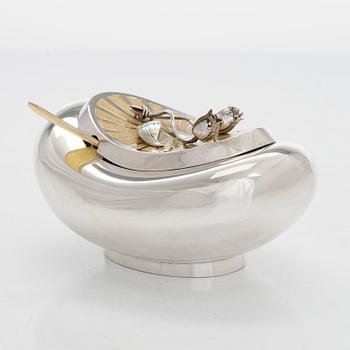 Sugar bowl and spoon, silver and enamel, the bowl by Anita Sarlin. Tillander, Helsinki, 1950.