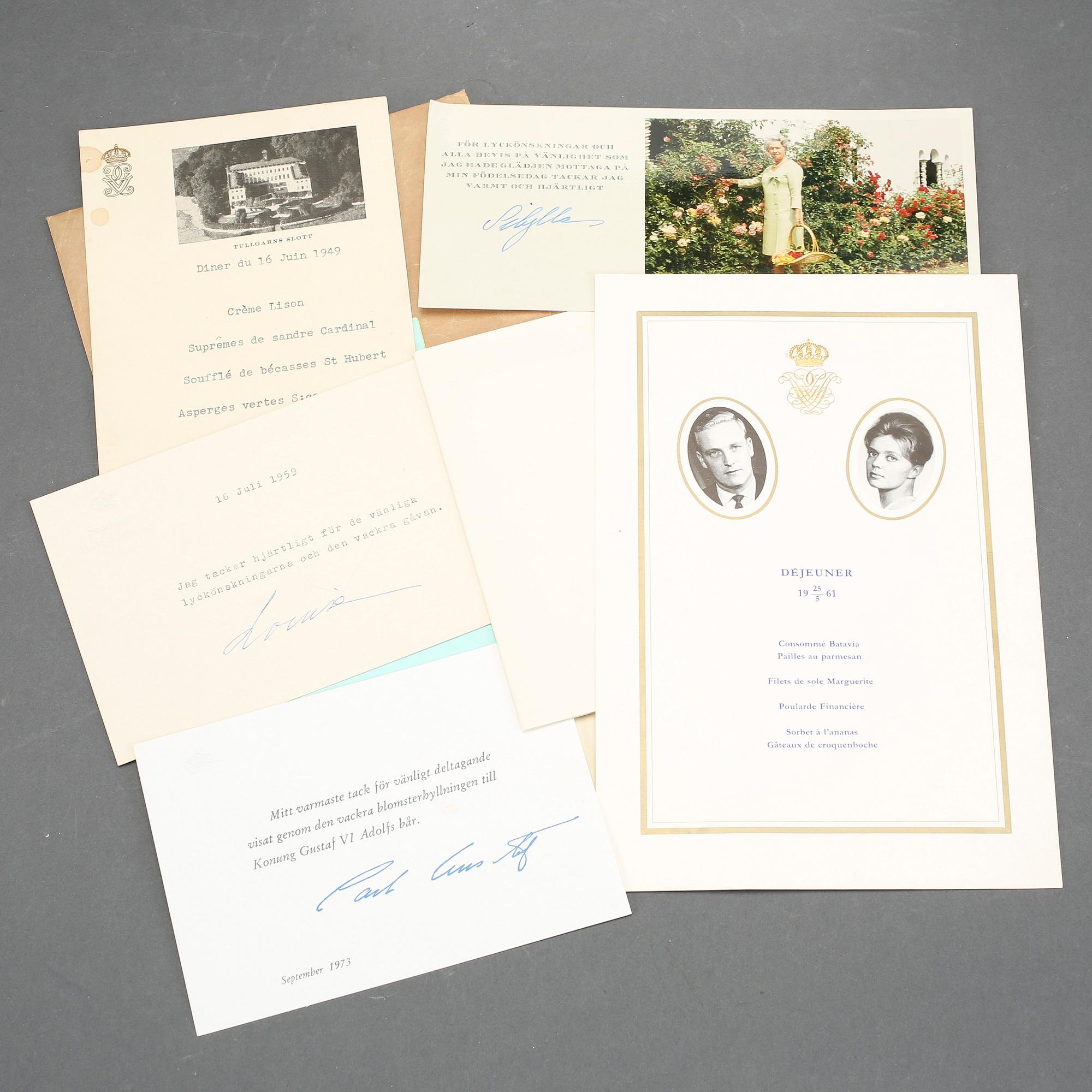 PARTI DIVERSE, matsedlar, inbjudningskort, tackkort från Gustav V, prins Bertil, prinsessan Sibylla, Prinsessan Birgitta.