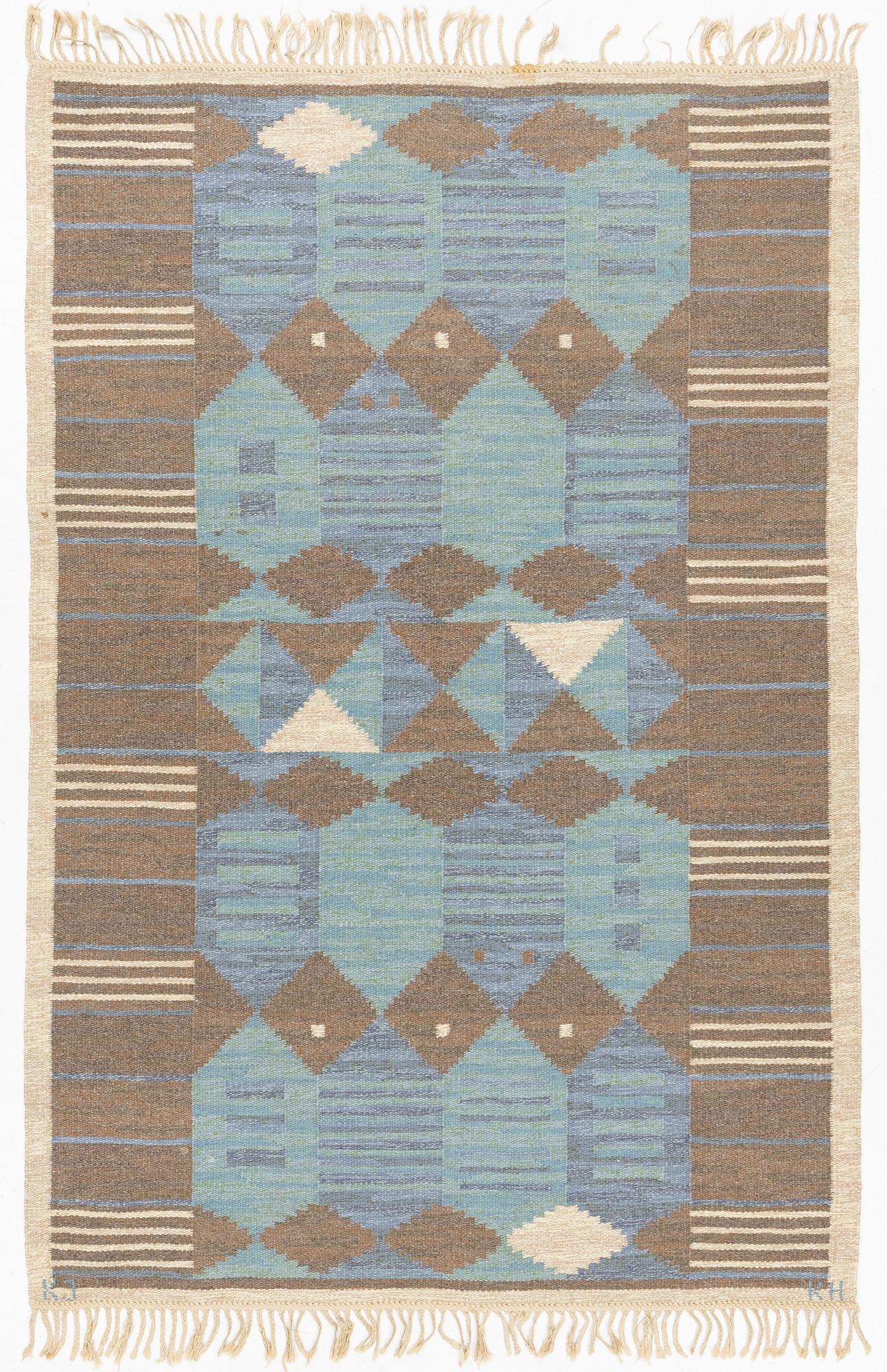 Matta, "Blått stim" rölakan, signerad KJ KH (Karin Jönsson, Klockargårdens Hemslöjd Tällberg) 230 x 154 cm.