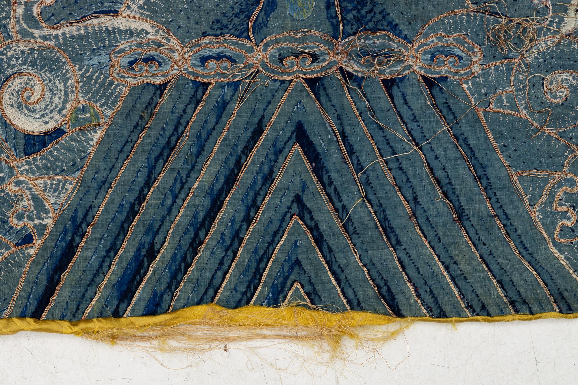 An embrodiered textile with a five clawed dragon, lined with yellow silk, Qing dynasty.