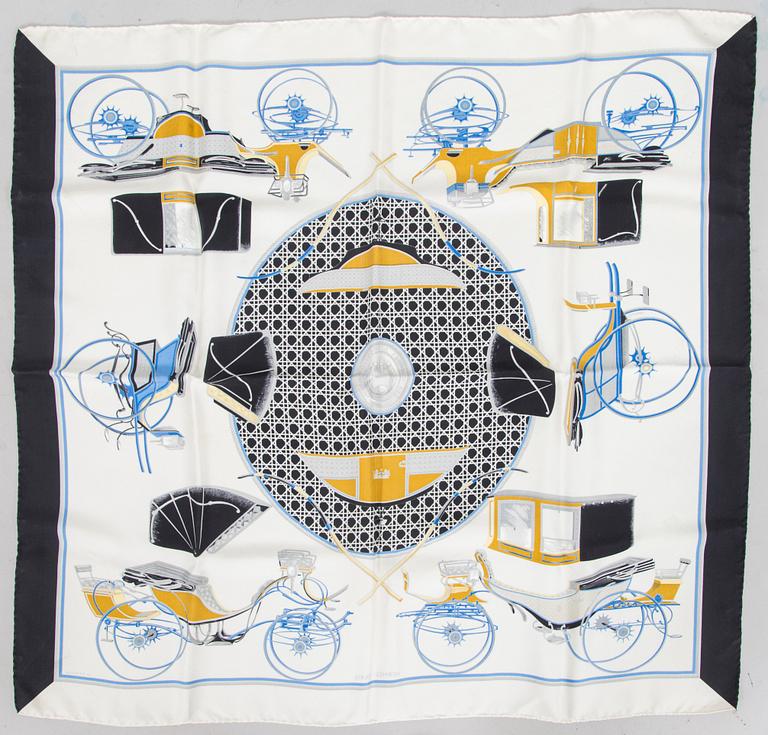 Hermès, a 'Les Voitures à Transformation' silk scarf.
