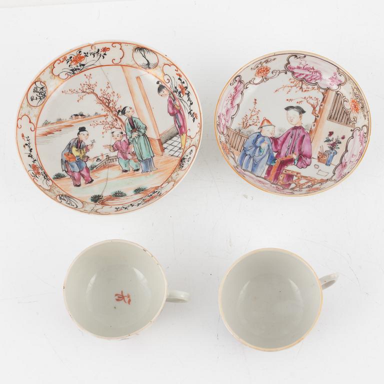 A set of five famille rose cups and four dishes, Qing dynasty, 18th Century.