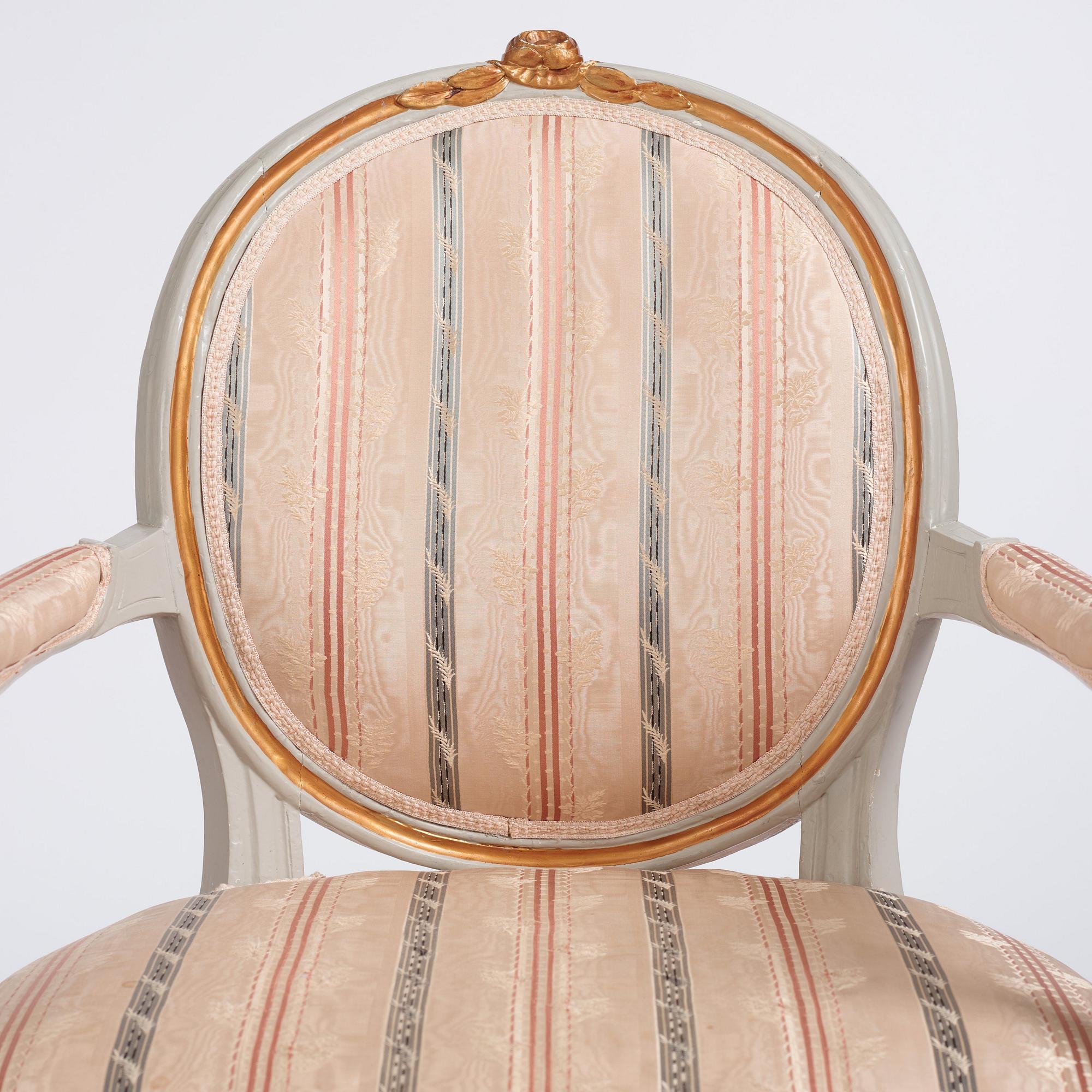 A pair of Gustavian carved armchairs, late 18th century.