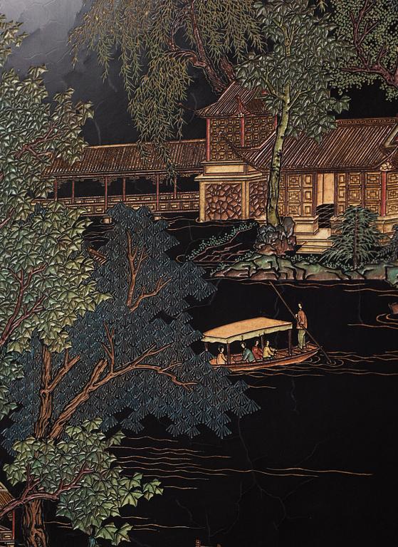 Paneler, fyra stycken, lack och trä. Kina, 1900-talets första del.