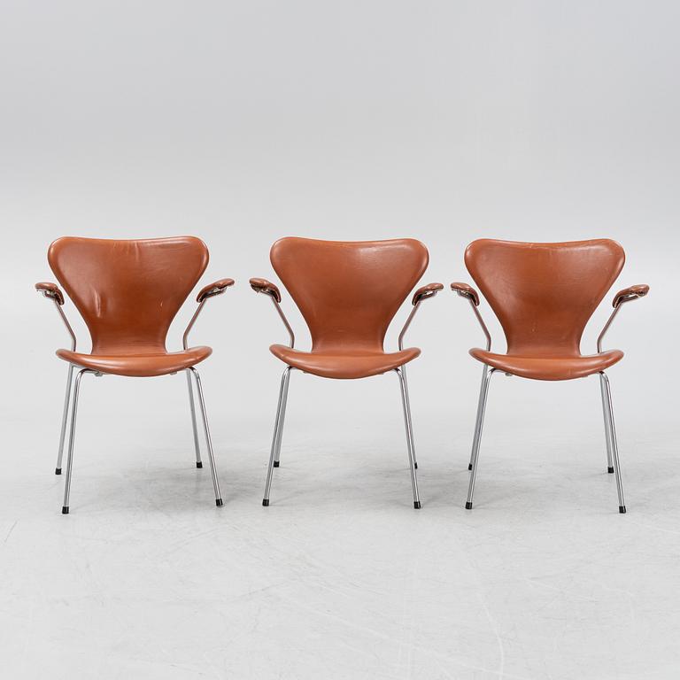 Arne Jacobsen, three "Series 7' armchairs, Fritz Hansen, Denmark, 1988.