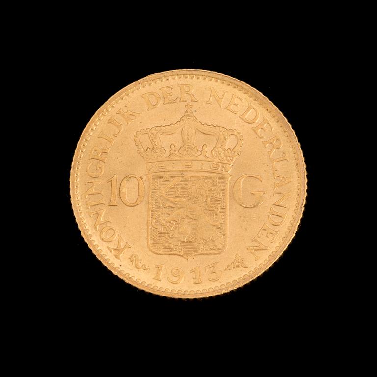 GOLD COIN, 10 gulden, Queen Wilhelmina, Netherlands 1913. Weight ca 6,8 g.