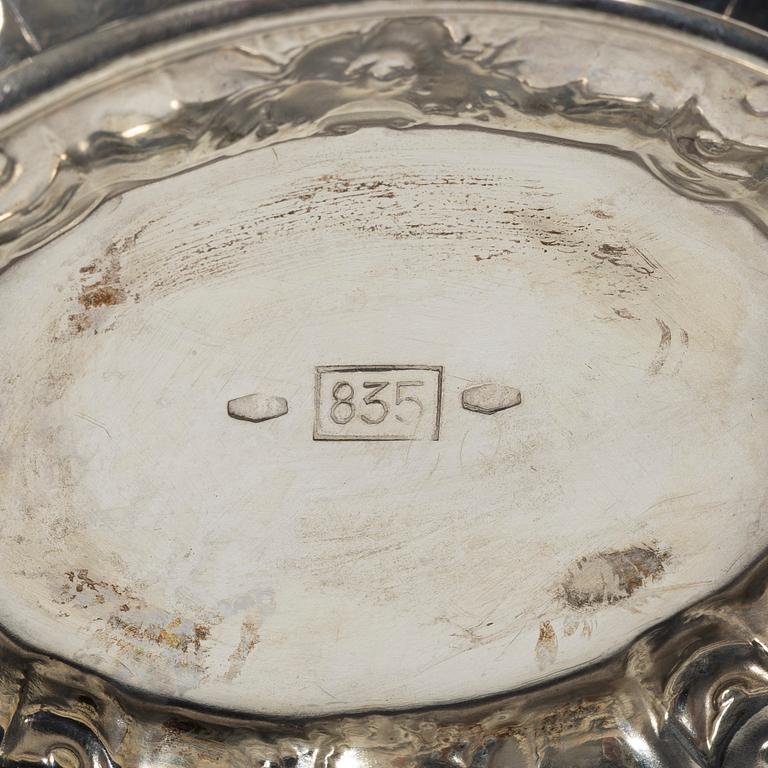 Sugar bowl, cream jug, tray, cup and miniature sugar tongs, silver, including William Mammatt & Son, Sheffield 1896.