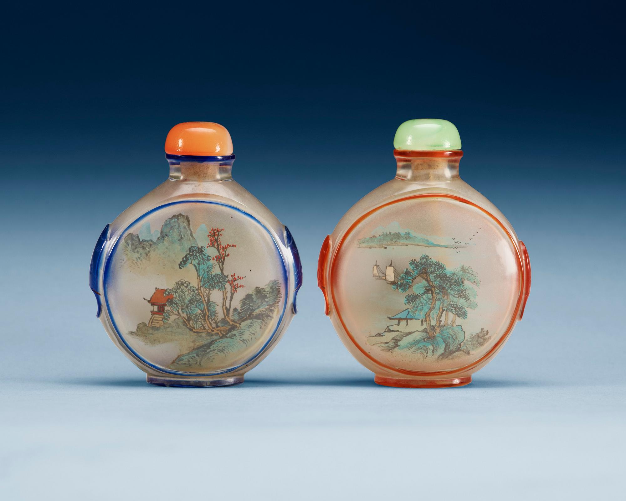 Two inside-painted glass snuff bottles, unsigned.