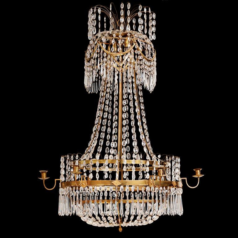 A late Gustavian gilt brass and cut glass seven-light chandelier, Stockholm, late 18th century.