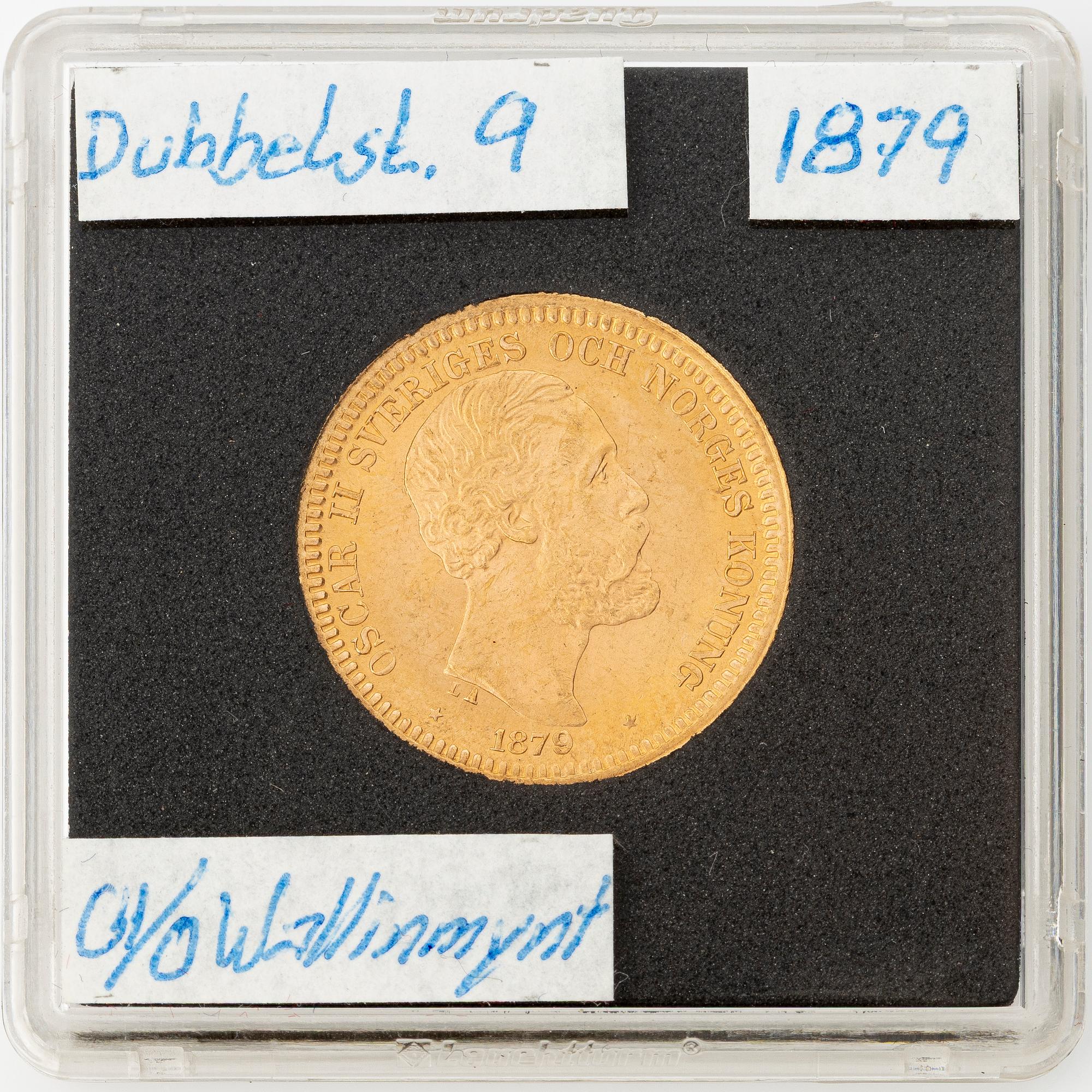 Gold coin, Oscar II, 20 kronor, type III, Sweden 1879.