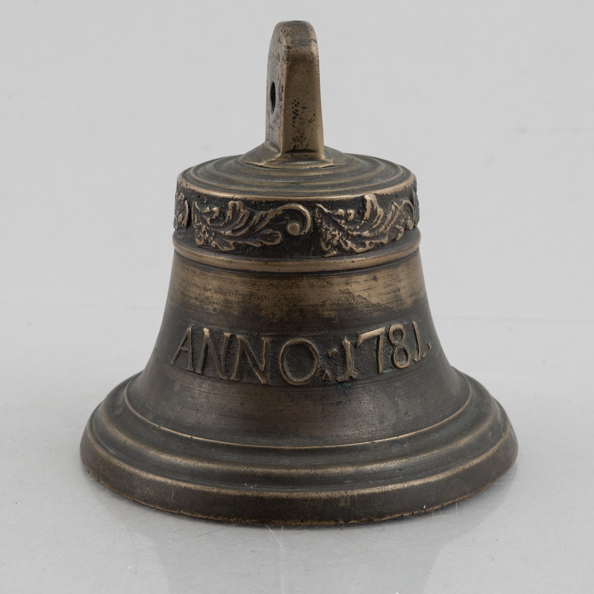 A bronze bell, marked Gothenburg, Sweden, an dated 1781.