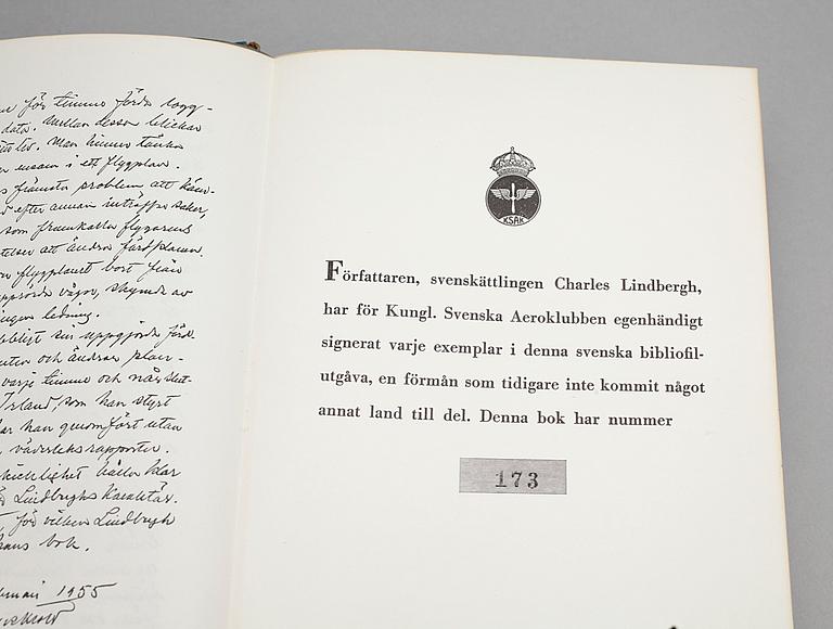 BOK, "Spirit of st Louis", Charles Lindberg Albert Bonniers förlag, Stockholm, egenhändigt signerad av författaren, 1954.