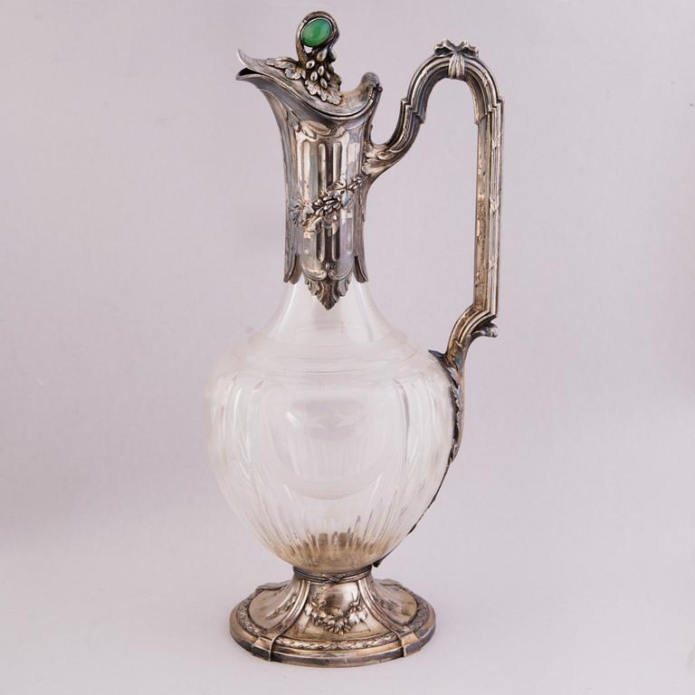 A French silver and crystal wine jug with six beakers, Russian import marks, circa 1900.