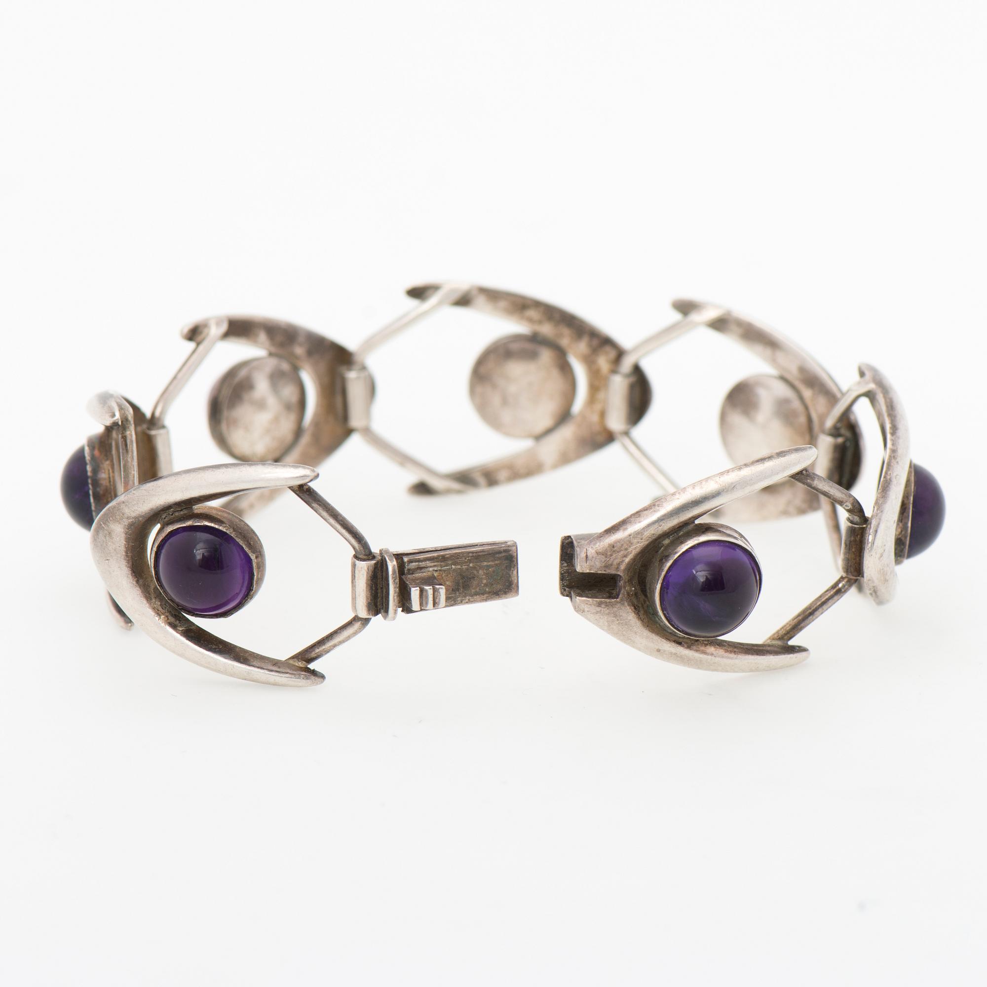 ARNE JOHANSEN, KAULAKORU ja RANNEKORU, hopeaa, pyöröhiotut ametistit. Tanska 1970-luku.