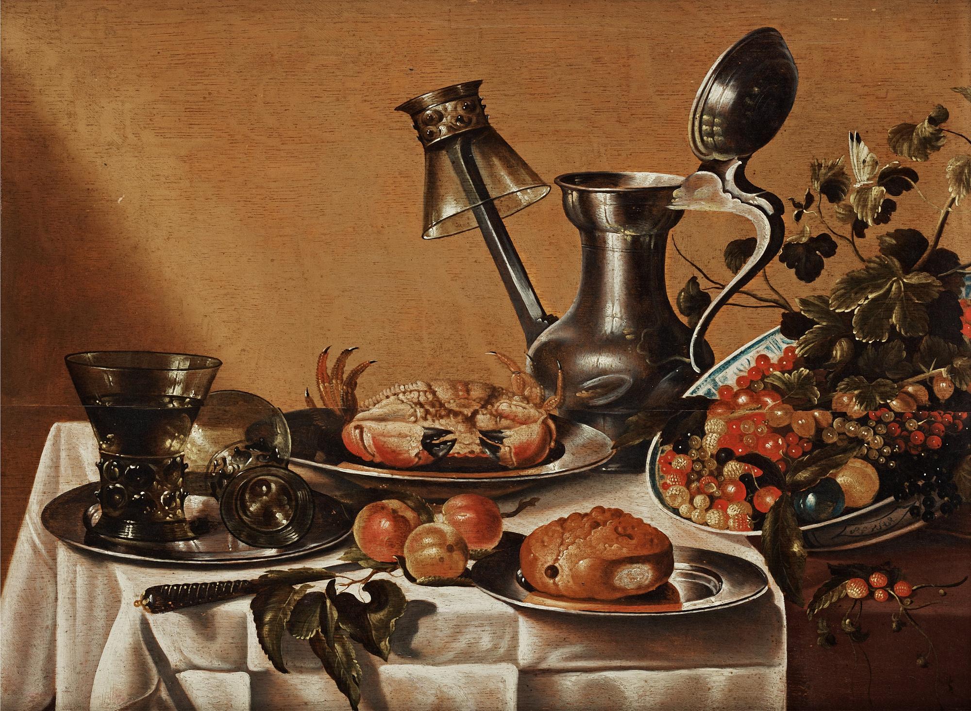 Pieter Claesz Hans krets, Stilleben med tennkanna, glas, krabba och frukter.