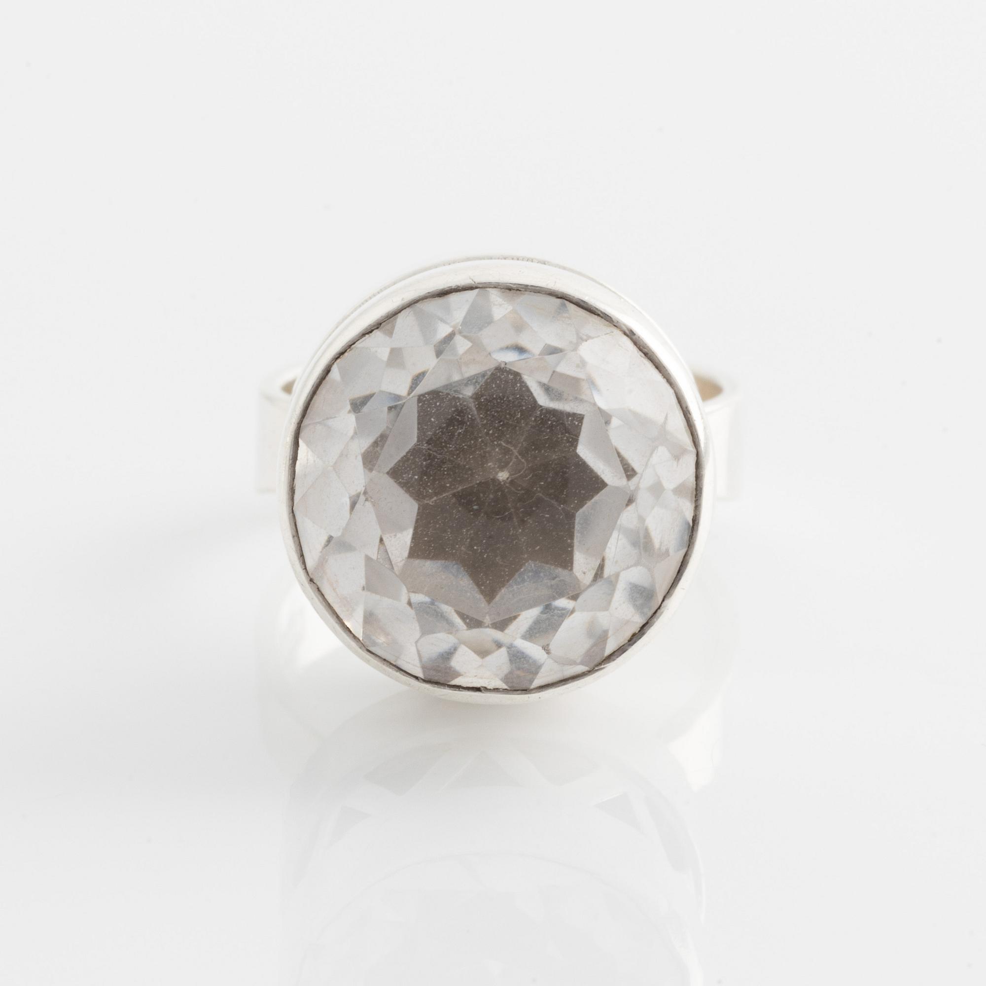 Alton, bracelet and ring, silver and faceted rock crystal.