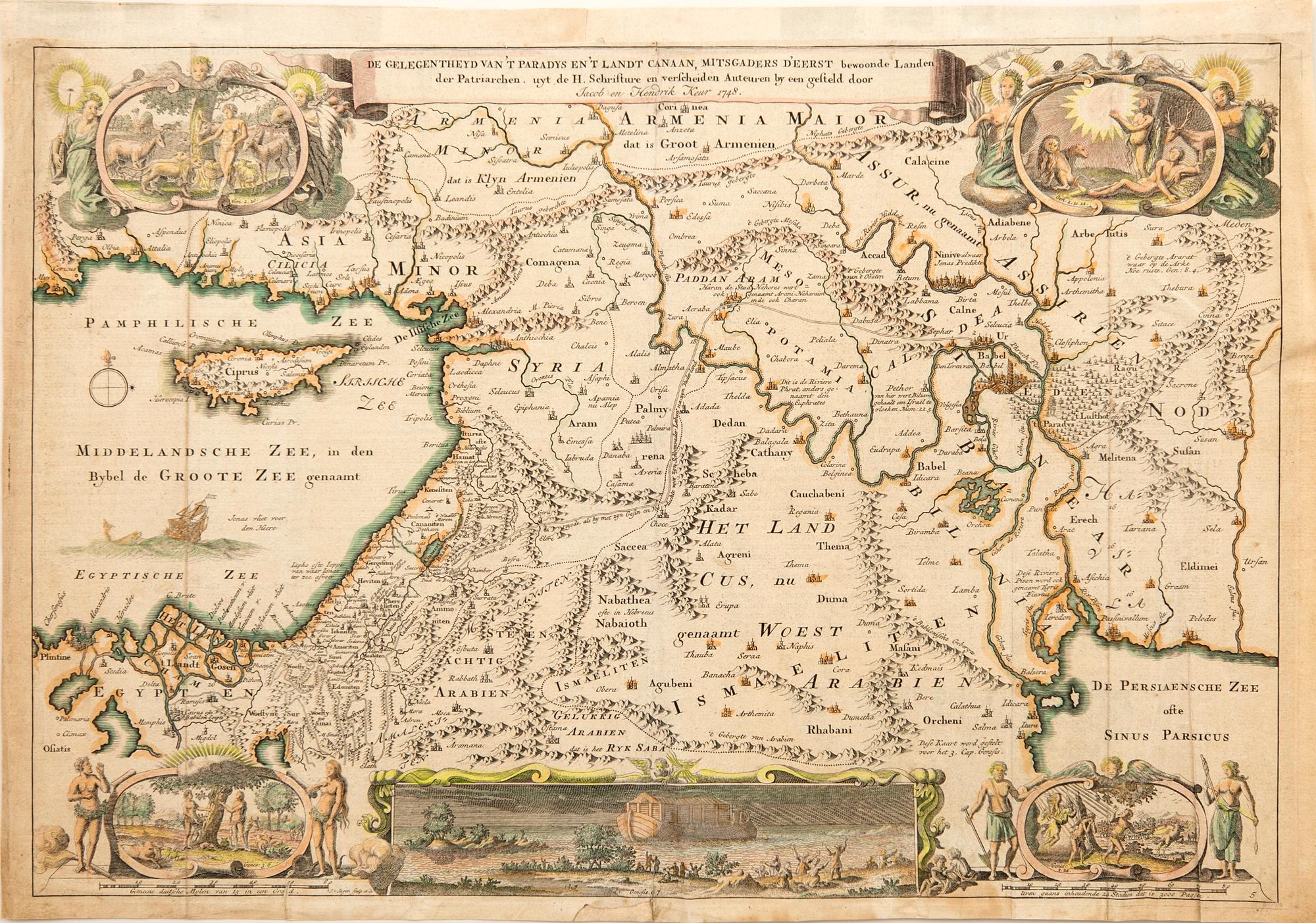 Maps of the Holy Land, 2 pcs, Augustin Calmet 1726 and Jacob & Hendrik Keur 1748, hand-colored engravings.