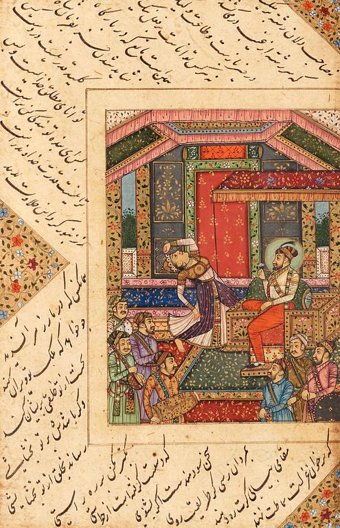 ALBUMBLAD, två stycken, bläck och färg på papper med förgyllda detaljer. Indien, 1700-tal.