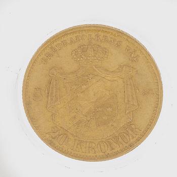 MYNT, guld, 20 kronor, Oscar II, 1875, vikt ca 9 g.