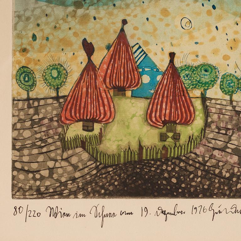 Friedensreich Hundertwasser, "Hide under the meadow it begins to rain".