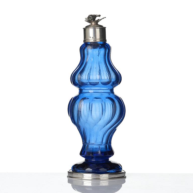 A Swedish Rococo blue glass and silver bottle, marked Lorenz Vick (Ulricehamn 1766-1808).