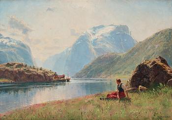 752. Hans Andreas Dahl, Fjordlandskap med sittande kvinna.