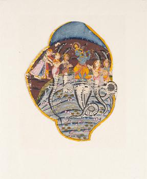 Unidentified artist, Flute-playing deity with snakes and figures, India, 19th/20th century.