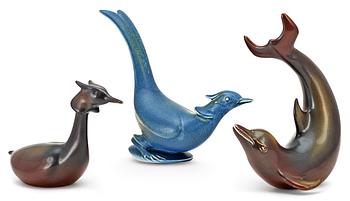 332. Three Gunnar Nylund stoneware figures, a dolphin, a pheasant and a great crested grebe, Rörstrand.
