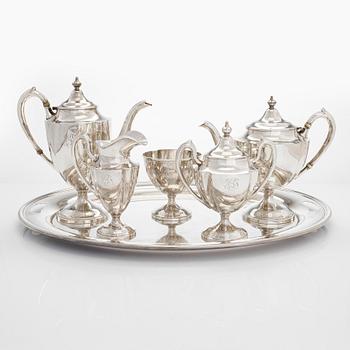 Kaffe- och teservis, 5 delar, silver, på försilvrad bricka, USA, sannolikt 1930-tal.