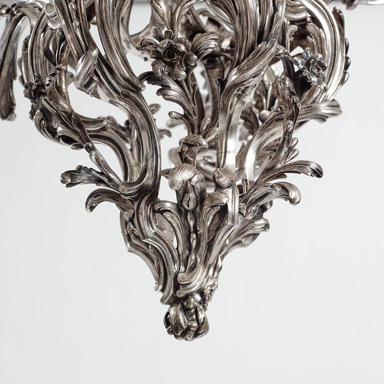 A highly important and rare Louis XV silvered brass
five-light chandelier  attributed to Pierre Boulanger, Paris c 1750.