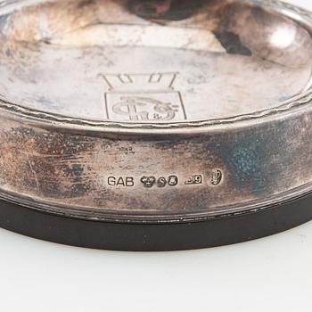 Salt cellars 1 pair and bottle coasters 3 pcs GAB Stockholm 1937, 1938 and 1955 silver and bakelite.