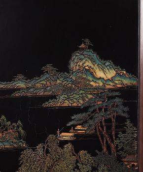 Paneler, fyra stycken, lack och trä. Kina, 1900-talets första del.