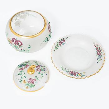 Punch bowl with lid and tray, frosted glass, Germany, circa 1900.