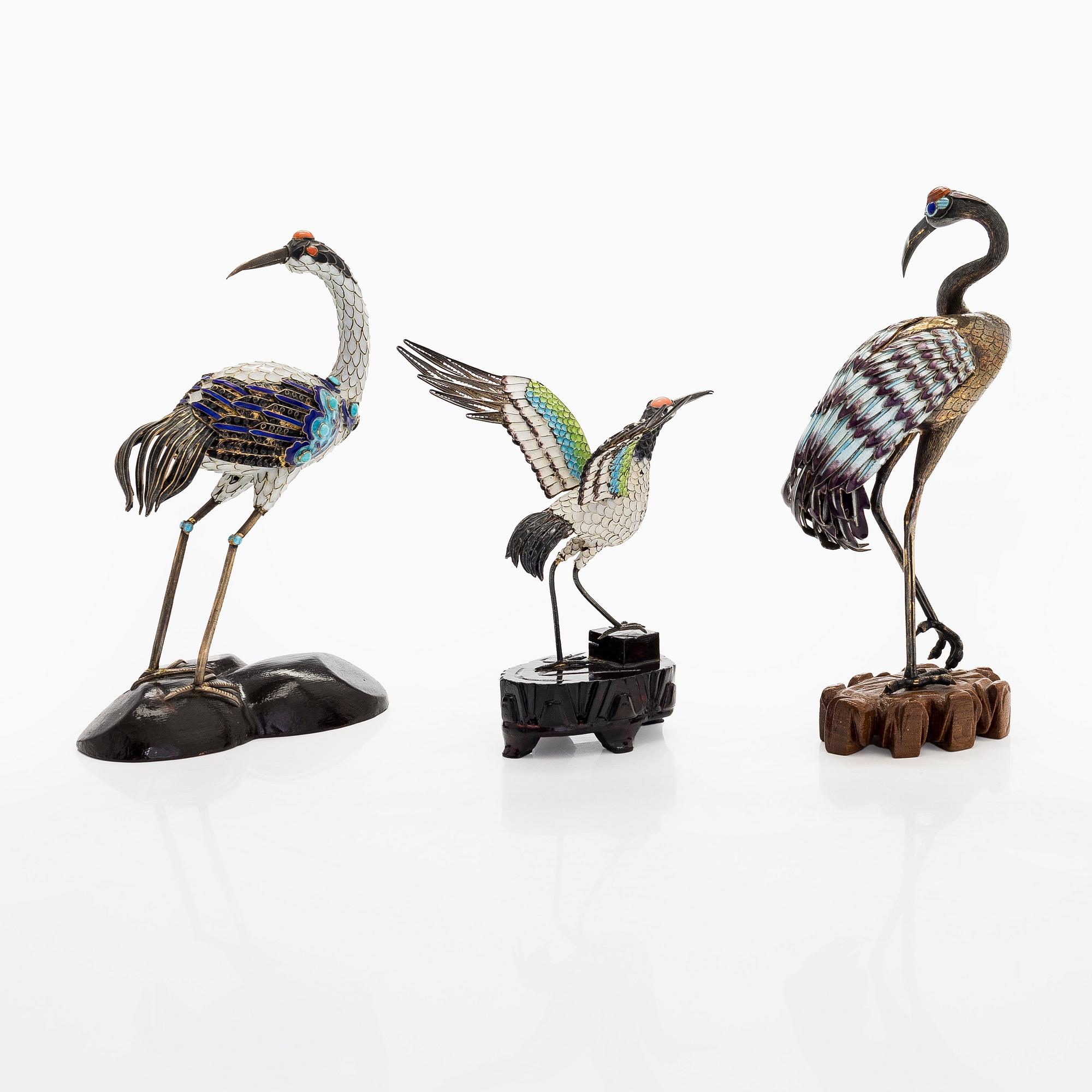A set of three silver and cloisonné enamel figures of birds, first half of 20th Century.