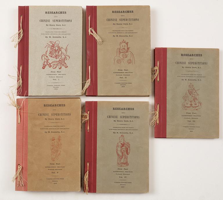 BOKVERK, 5 vol, "Researches into Chinese Superstition" av Henry Doré, 1914-1918.