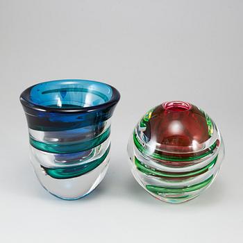 LARS HELLSTEN, two glass vases, Orrefors, Sweden.