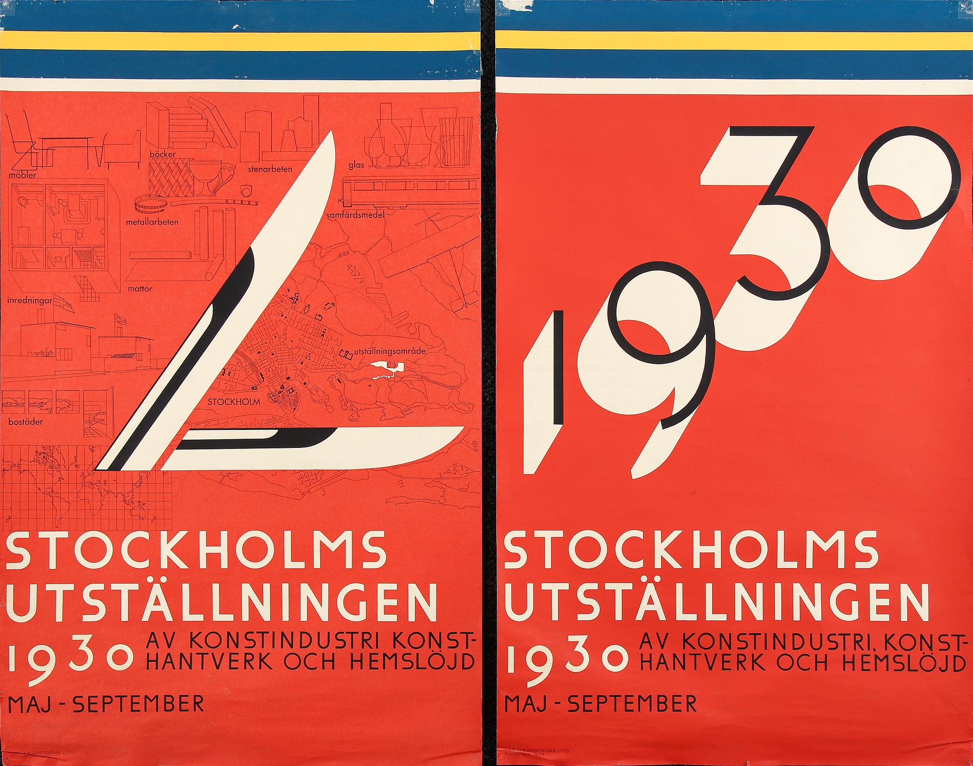 SIGURD LEWERENTZ, affischer, 2 st, Stockholmsutställnigen 1930, nytryck 1976.