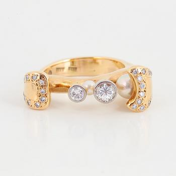 Brilliant-cut diamond and pearl ring.
