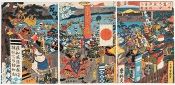 Utagawa Sadahide, färgträsnitt, triptyk, Japan, 1800-talets mitt.