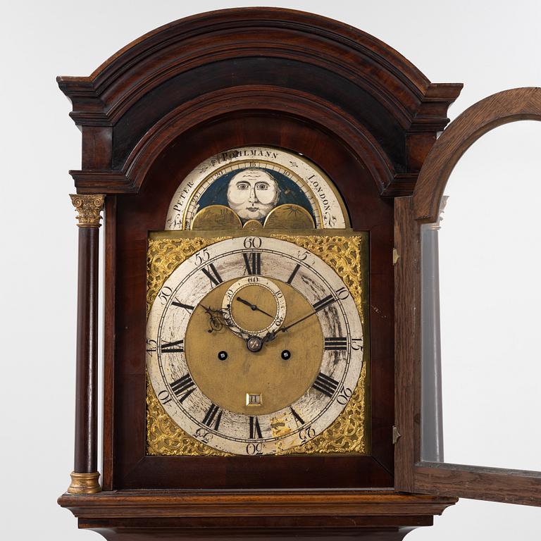 A mahogany veneered longcase clock, marked Peter Pohlmann, London, England, 18th century.