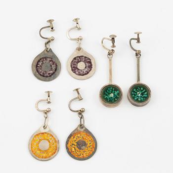 Lars Arby, three pairs of earrings, sterling silver and enamel, Gothenburg 1967 and 1969.