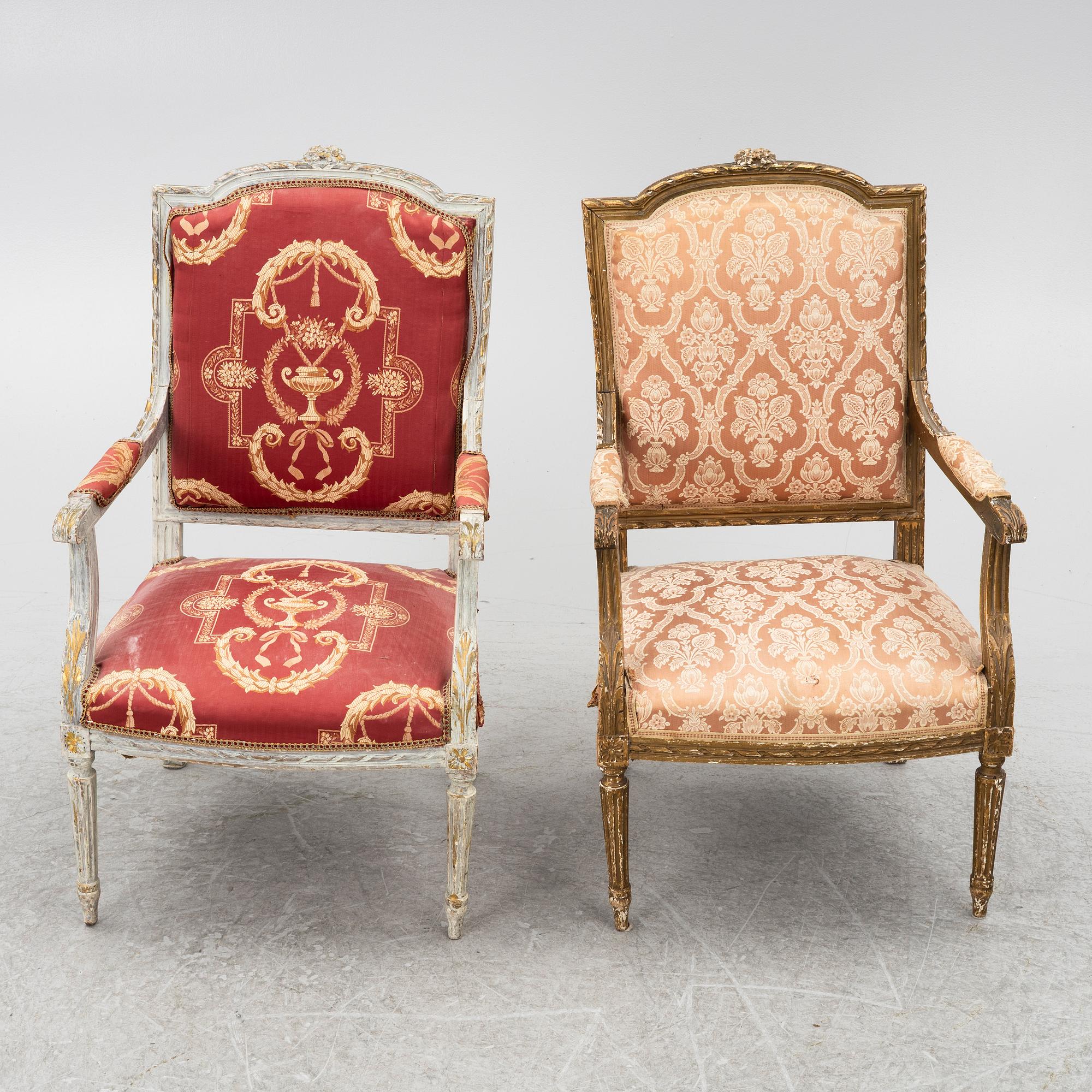A pair of Louis XVI-style armchairs and a sofa, 20th century.