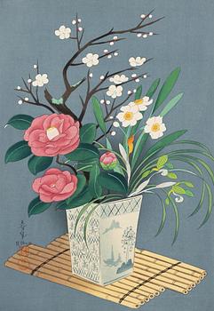 Ohno Bakufu, Motif of a bird and flowering roses, and a vase with prunus, peonies, daffodils and an orchid.