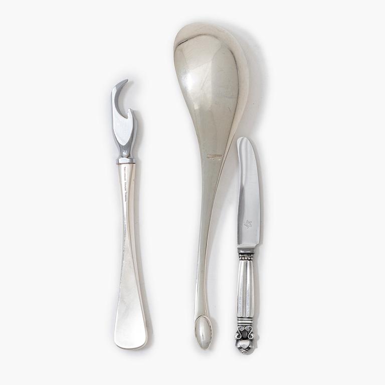 Three silver utensils, Denmark, 20th century.